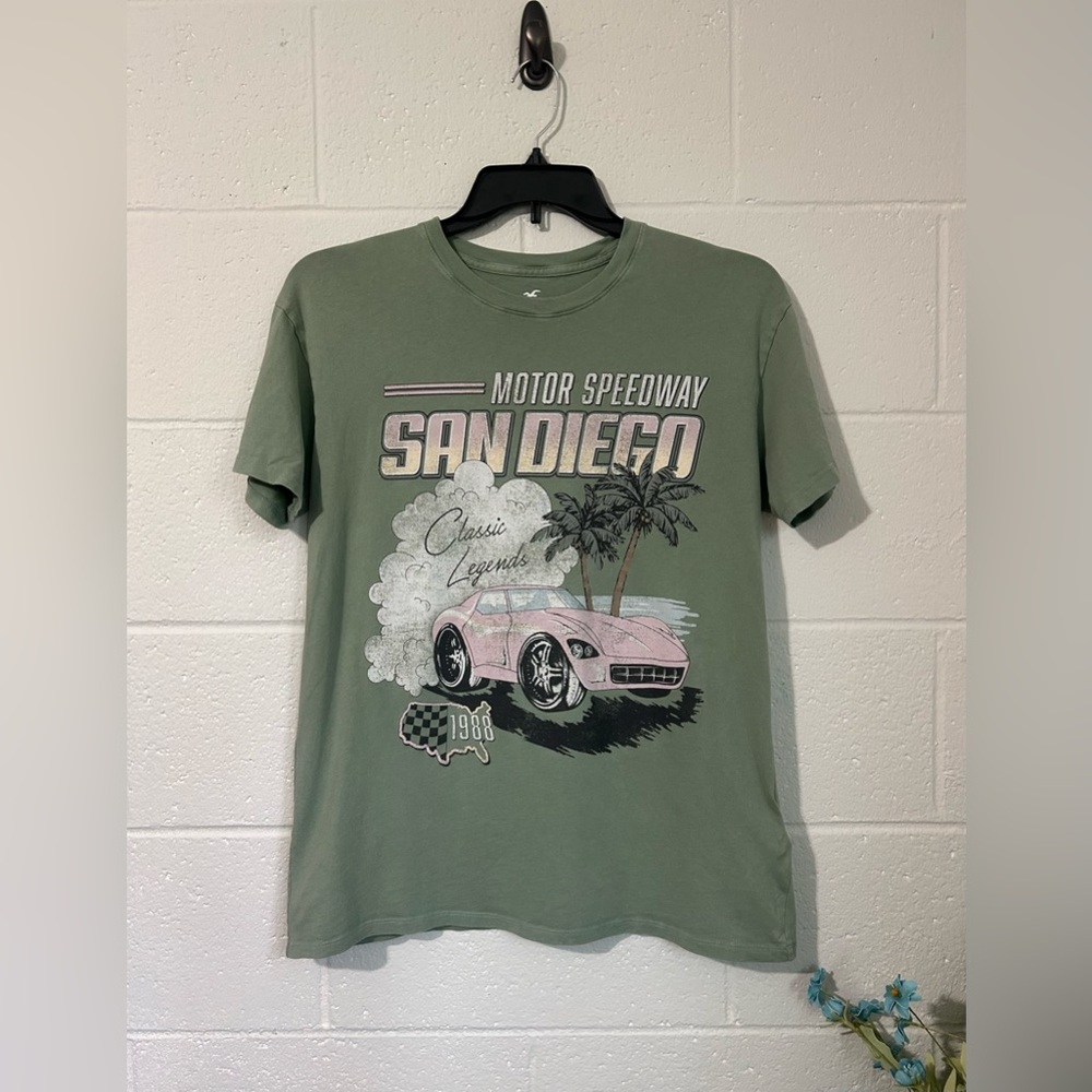 Hollister Green Short Sleeve Tee with Vintage Car Graphic